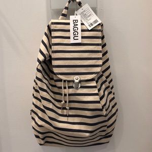 BAGGU Navy Striped Canvas Drawstring Backpack
